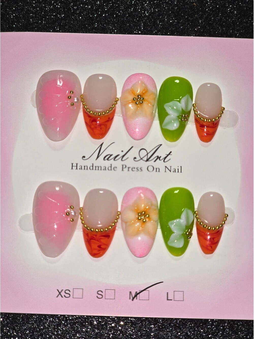 Size Medium Press On Nail Set with Floral and Beaded Design